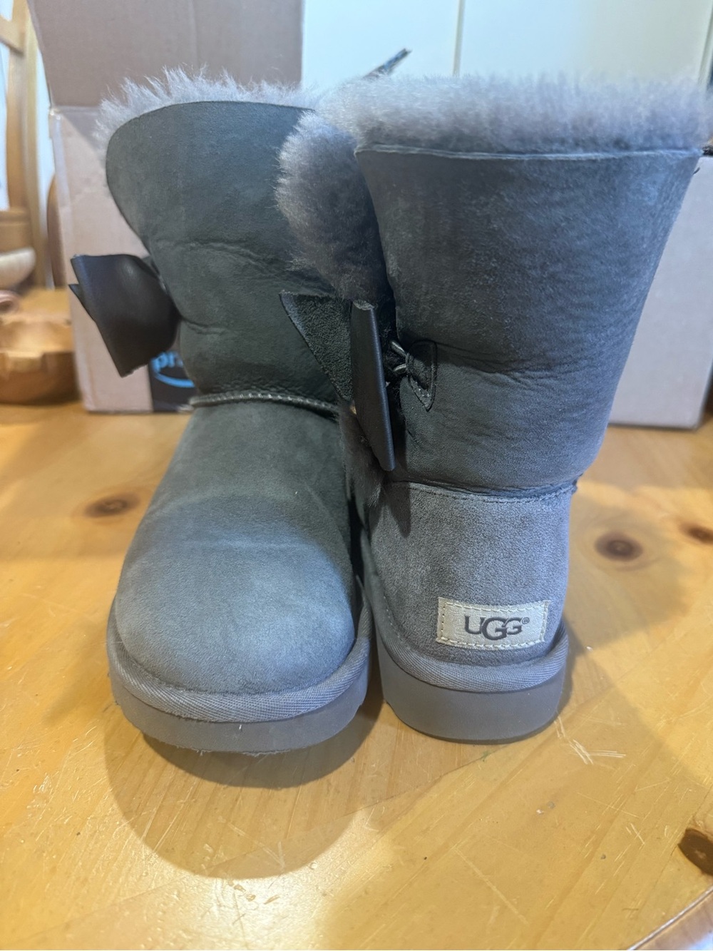 UGG Gray Suede Short Shearling Boots with Bow - Picture 2 of 12